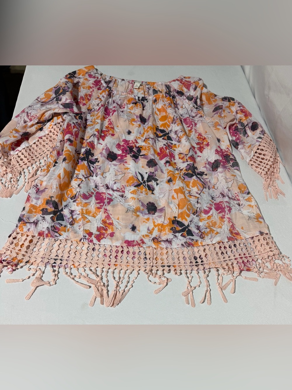 Cato Boho Floral Peasant Blouse Crochet Lace Hem Tassels Long Sleeve Tunic XL - Picture 12 of 16